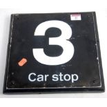 Painted Aluminium sign mounted on wood, to read 3 Car Stop, painted in white, 10.5" x 10.