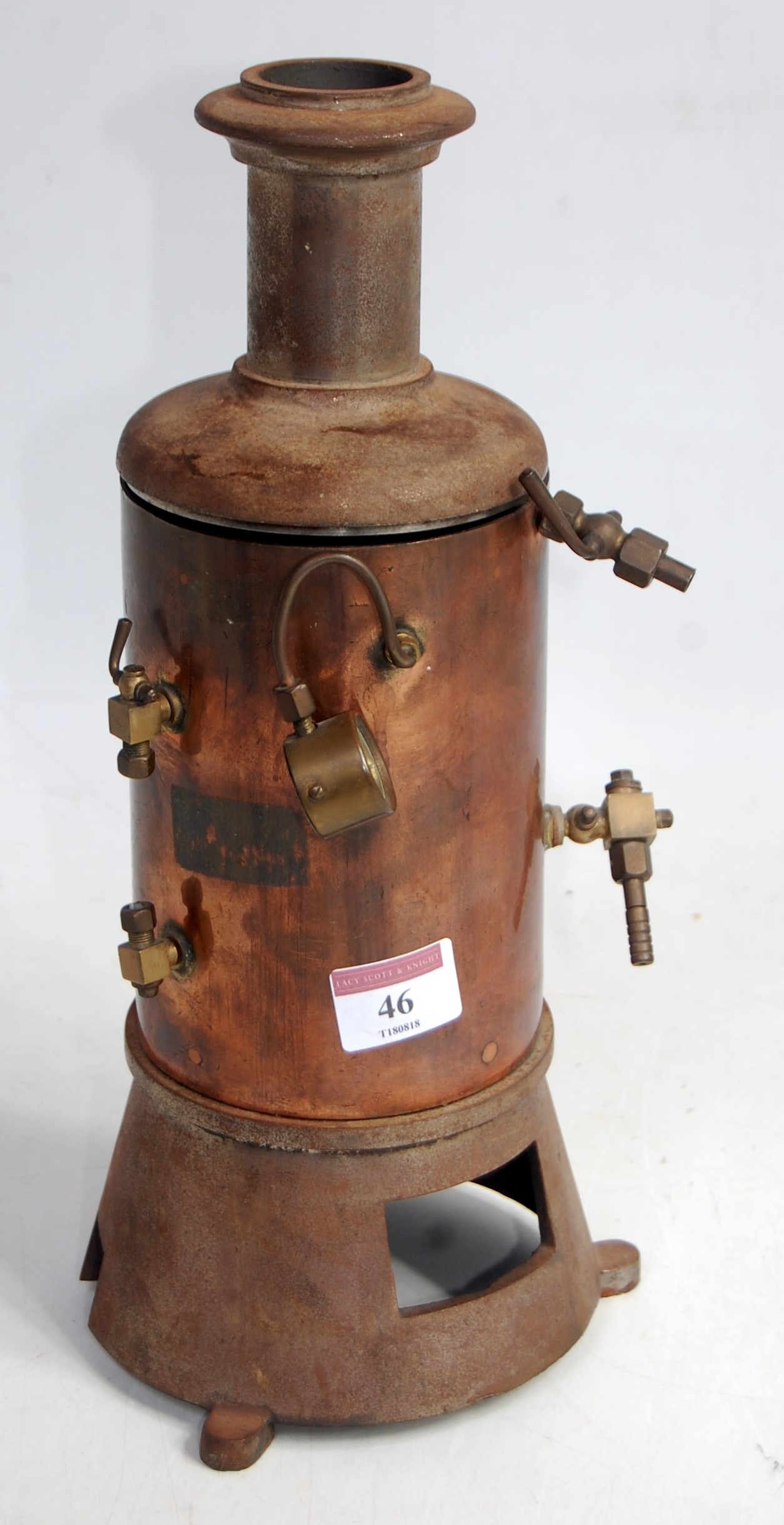 Scratchbuilt copper vertical boiler having 14 fire tubes, no grate, Manometer by Stuart,