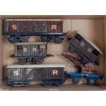 A small tray containing 5x SR pre war wagons including 1928-30 crane truck - base repainted ,