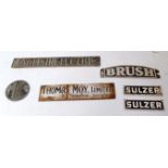 5 various builders plaques and a English Electric sign,