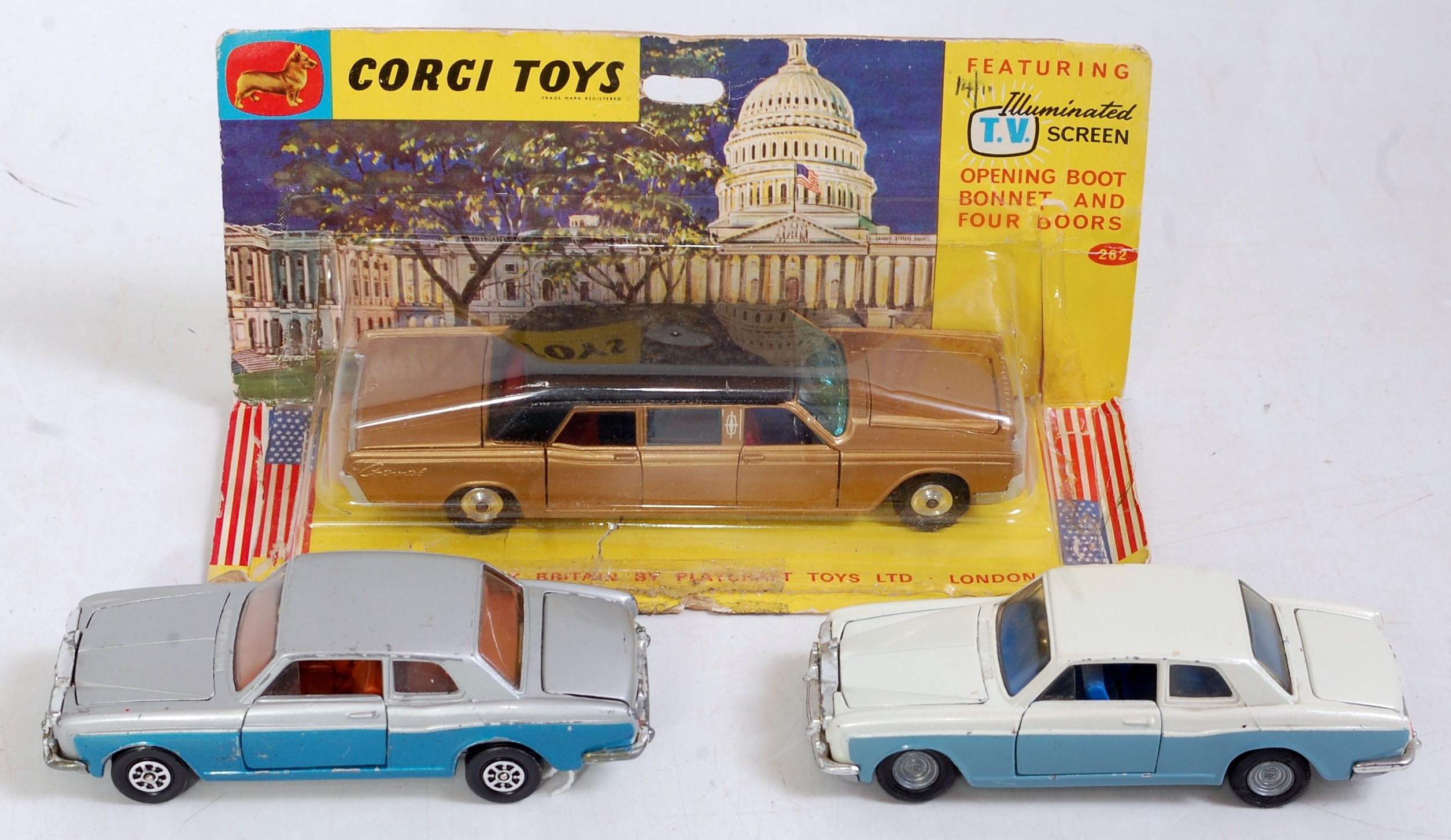 A Corgi Toys boxed and loose diecast saloon group to include a Corgi Toys No.