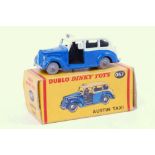 A Dublo Dinky Toys 067 Austin Taxi comprising cream and blue body with grey plastic wheels in the