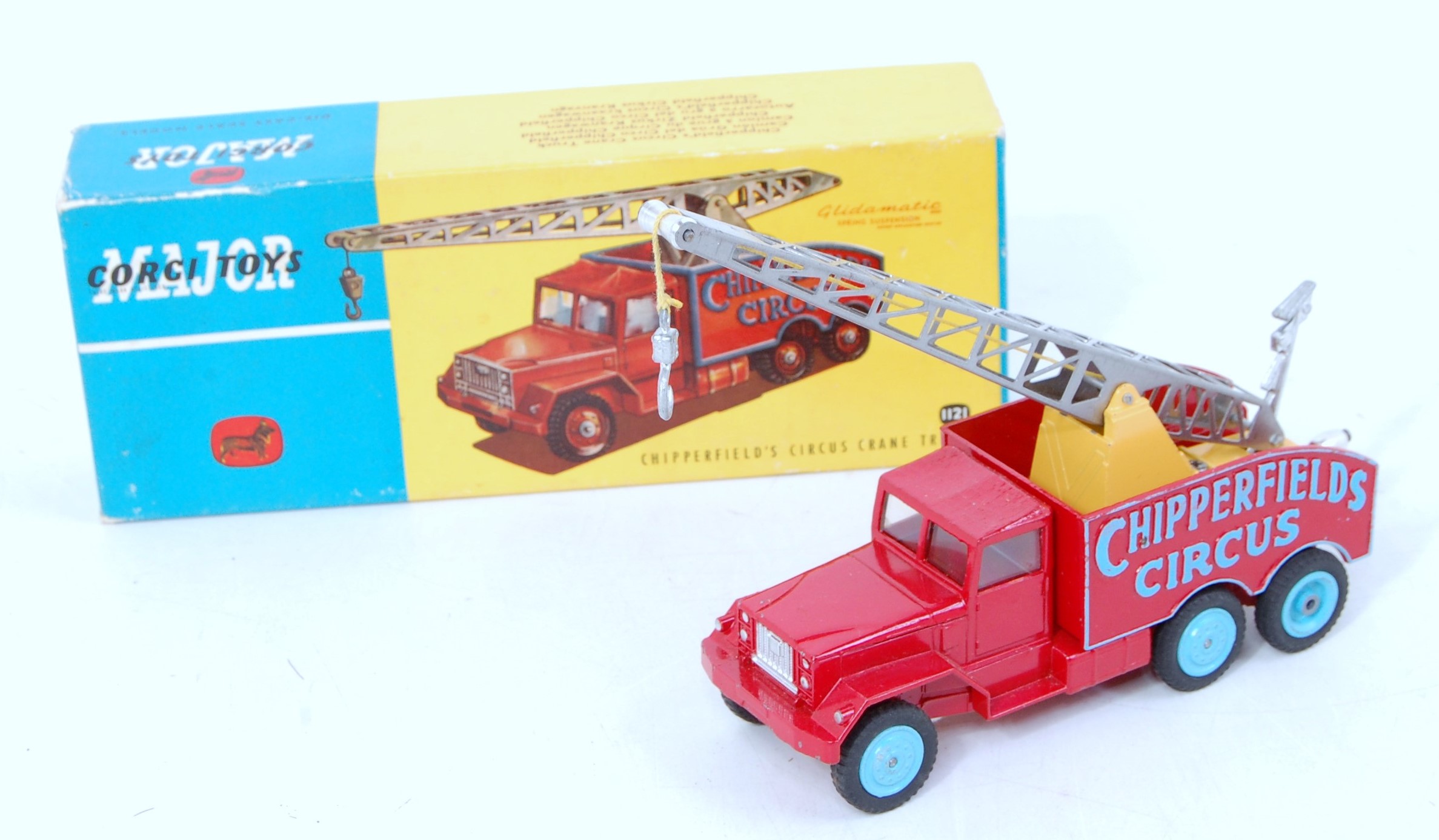 Corgi toys, 1121 Chipperfields circus crane truck, red body with light blue logo and wheels,