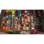 A large tray containing a quantity of playworn Dinky, Corgi, and other diecast vehicles,