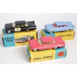 Three various boxed Corgi Toys playworn diecast vehicles to include 2x No. 220 Chevrolet Impala, No.