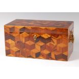 An early 19th century Tunbridge and parquetry specimen wood inlaid tea caddy, of rectangular form,