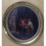 Late 19th century Continental school - Tavern interior, miniature in oil, framed as a circle, dia.