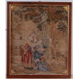 A 19th century needlework panel, depicting classical lovers beneath a statue, 67 x 56cm,