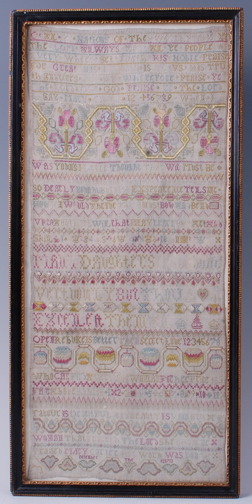 An early 18th century needlework, verse, number and picture sampler,
