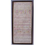 An early 18th century needlework, verse, number and picture sampler,