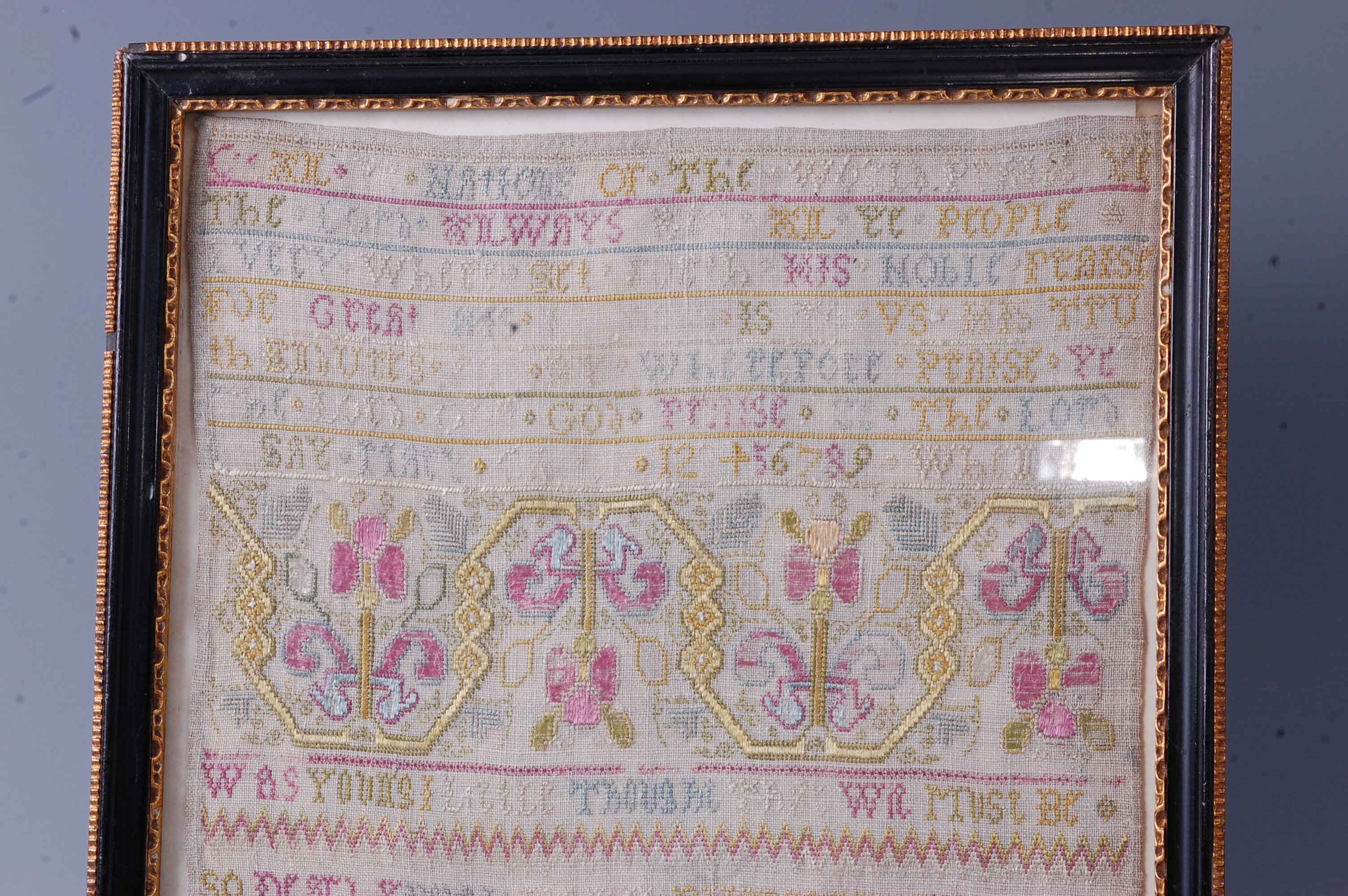 An early 18th century needlework, verse, number and picture sampler, - Image 3 of 5