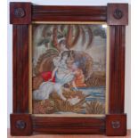 A 19th century woolwork and painted silk panel depicting the discovery of Moses, 32 x 26cm,