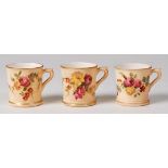 Three Royal Worcester blush ware miniature tankards, green marks, circa 1901, h.3.