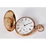 An 18ct full hunter pocket watch, the white enamel dial with black Roman numerals,
