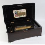 A late 19th century Swiss rosewood cased music box, the rosewood case inlaid with sporting scene,