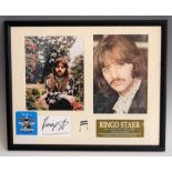 A framed and signed card bearing the signature of Ringo Starr, mounted with two photographs,