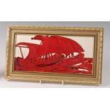 A framed red lustre pottery rectangular tile, in the style of William de Morgan,