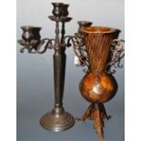 A large pewter three sconce table candelabra in the 18th century style, height 58cm,
