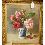 E H Rigg - Still life with flowers in a stoneware jug, oil on canvas, signed lower left,