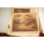 A folio and contents of assorted pictures and prints, to include hunting engravings,