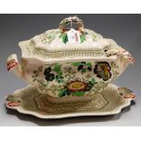 A large Mason's ironstone tureen and cover with ladle, on stand,