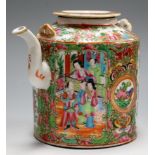 A 19th century Chinese Canton famille rose kettle, typically decorated with various figures,