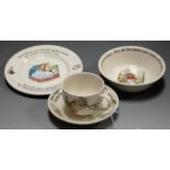 A Wedgwood Etruria Beatrix Potter Peter Rabbit trio together with matching bowl (4)