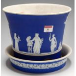 A large Wedgwood blue jasper ware planter of flared cylindrical form,