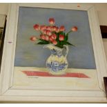 OV Ruddock - tulips in a blue & white jug, oil on canvas, signed lower left,