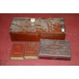 A 19th century mahogany box; a leather clad box; and faux books