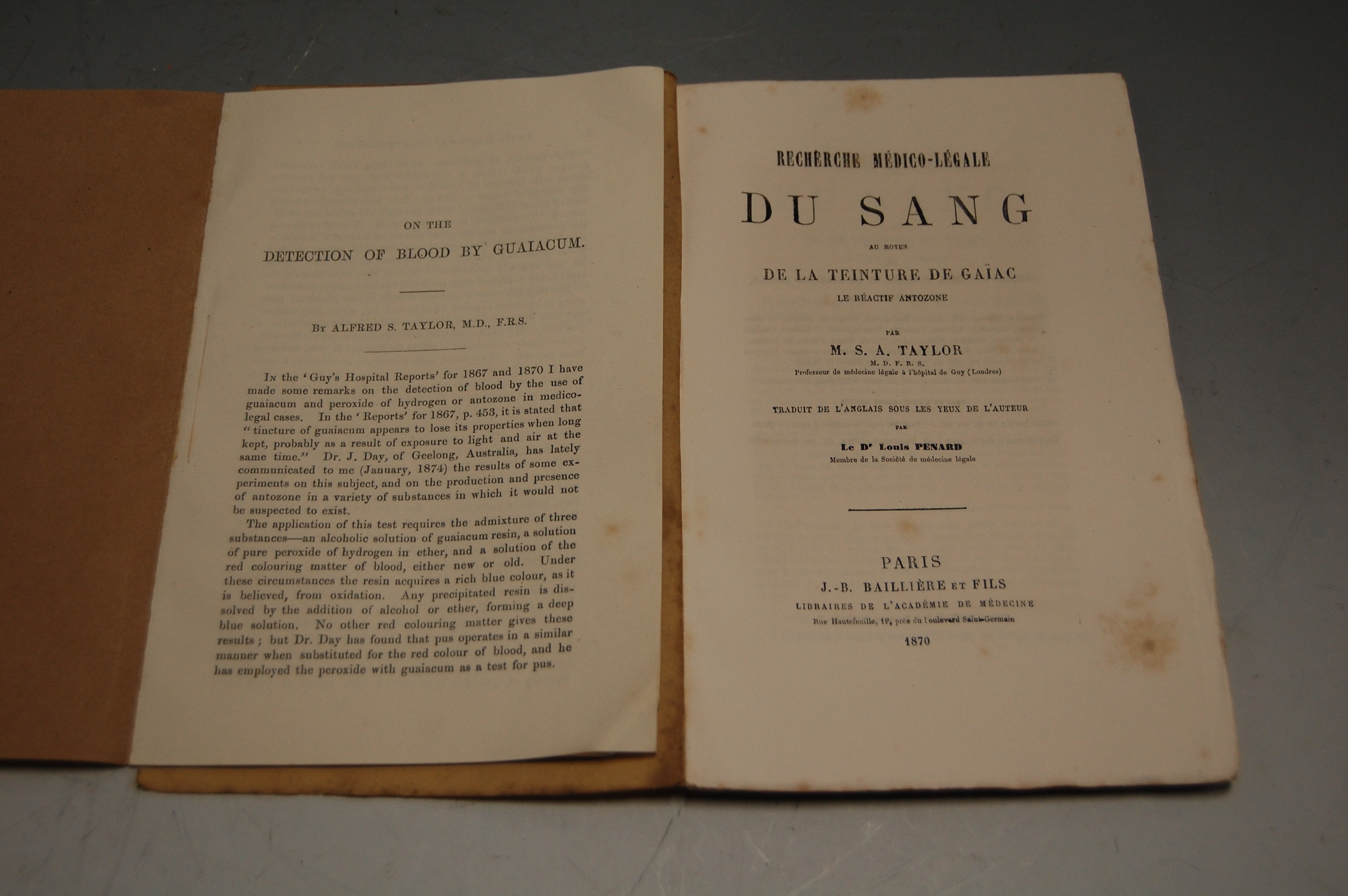 TAYLOR, Alfred S., Recherche Medico-Legale Du Sang au moyen de la teinture de Guaic le reactif