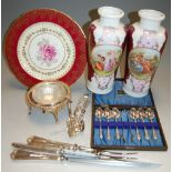 A box of miscellanoeus items, to include a pair of Austrian porcelain vases, cabinet plate etc