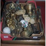 Two boxes of miscellaneous items, to include brass shell cases, brass bell etc