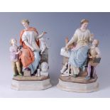 A pair of Continental porcelain allegorical figure groups, each annotated to the plinth 'Plastu' (