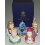 A collection of five various Royal Worcester Shakespeare character figural candle-snuffers, to