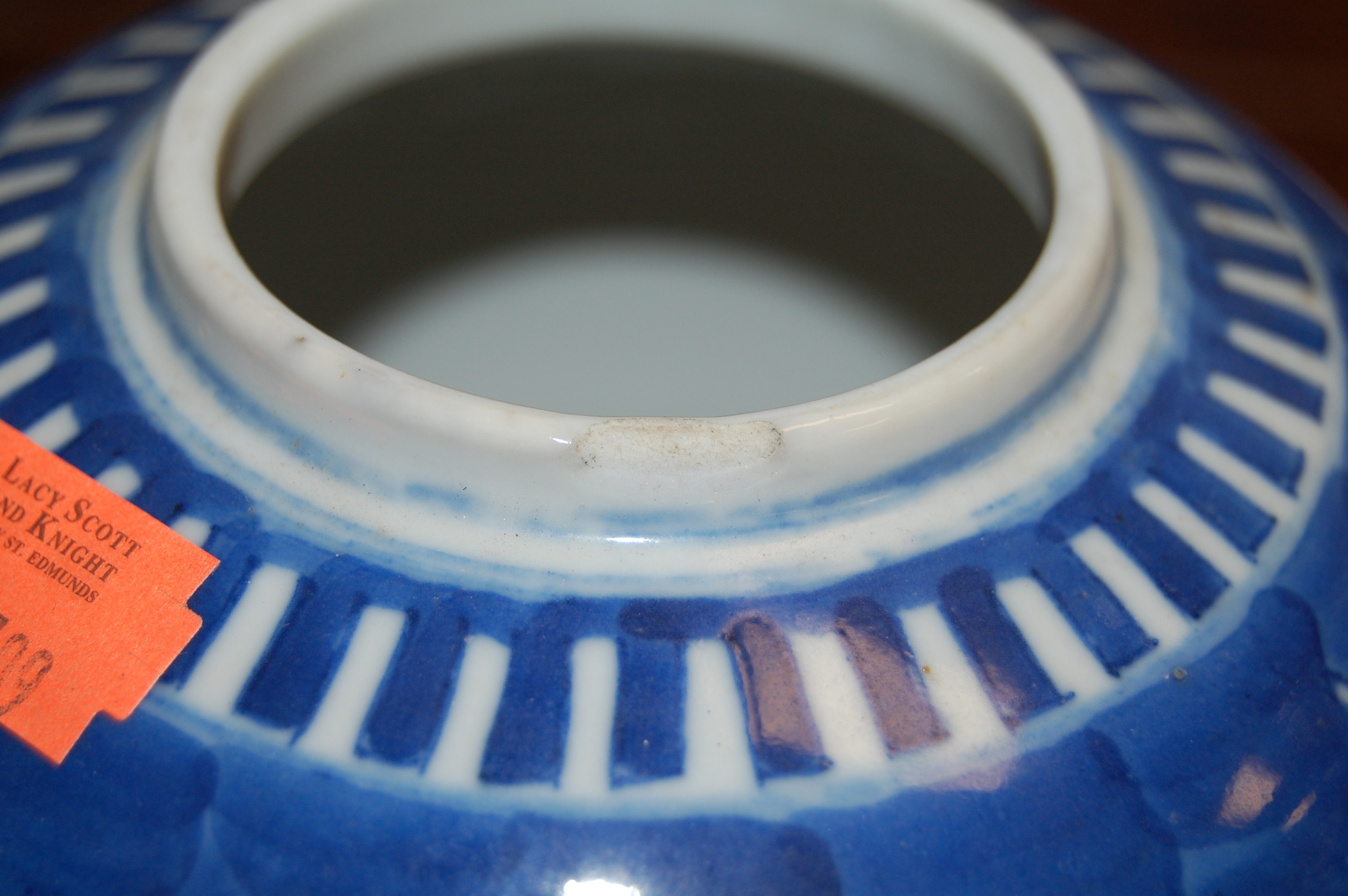 An early 20th century Japanese crackle glaze blue and white vase, of baluster form, having bronzed - Image 3 of 3