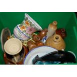 A box of miscellaneous items, to include stoneware flagon for Bullard & Son of Norwich,