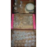 Three boxes of miscellaneous items to include cut glass ships decanter and stopper, Victorian meat