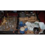 Three boxes of miscellaneous items, to include carved wooden fertility figure, gilt candlestick,