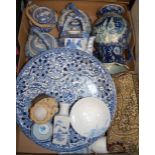 A box of miscellaneous china, to include small 19th century Chinese tea bowl, soapstone carving etc