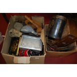 Two boxes of miscellaneous items to include a Victorian rosewood and mother of pearl inlaid