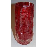 A Whitefriars red tinted bark glass vase, h.16cm