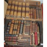 Two boxes of Scott's Bible, five volumes, and other 18th & 19th century leather bound volumes