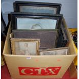 A box of Victorian and later pictures and prints, to include county map, portrait of the Queen,