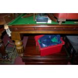 A walnut framed slate bed half-size snooker diner by W. Gamage, Holborn, London, with various