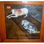 A pair of oak picture frames, each with later dog studies, each full dimensions 37.5 x 37cm