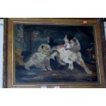 English school - Terriers with rat, oil on canvas, indistinctly monogrammed and dated 1901 lower