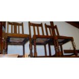 Three 1930s slat back dining chairs, together with one further walnut example, a Victorian dining