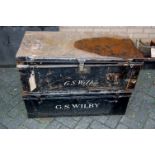 Two similar early 20th century painted metal travelling trunks, each inscribed GS Wilby