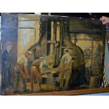 20th century school - Steelworkers, watercolour laid on board, unframed and with losses, each 52 x